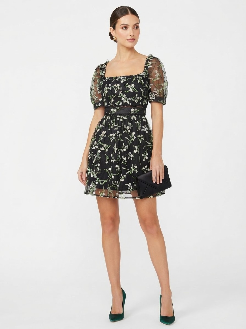 Lulus Radiant Love Floral Embroidered Mesh Skater Dress Black Small